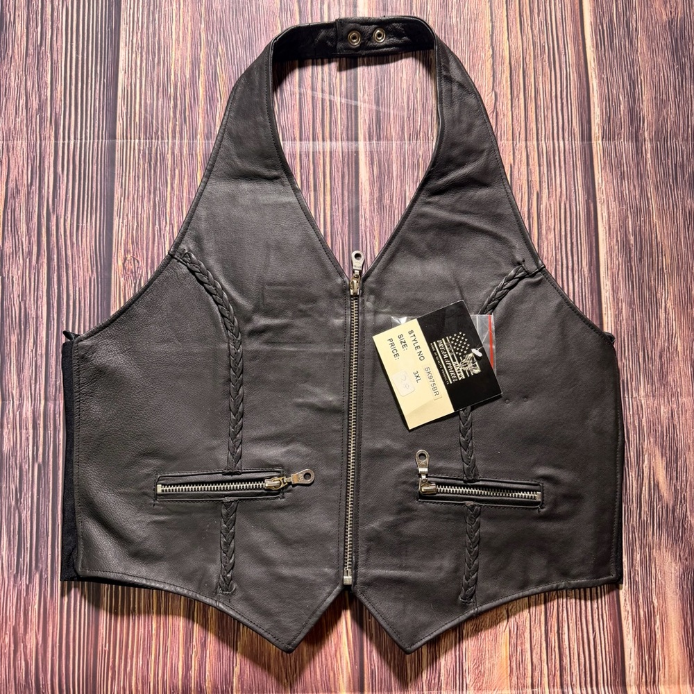 NWT USA Bikers Dream Apparel Black Leather Halter Top Silver Accents Size L-XXXL